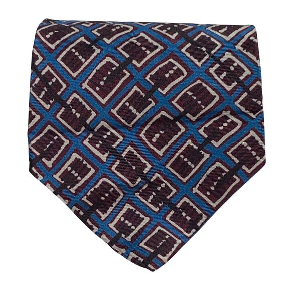 Vtg Perry Ellis Portfolio Necktie Brown Blue Geometric USA Italian Silk 58 x 4 - Picture 1 of 8